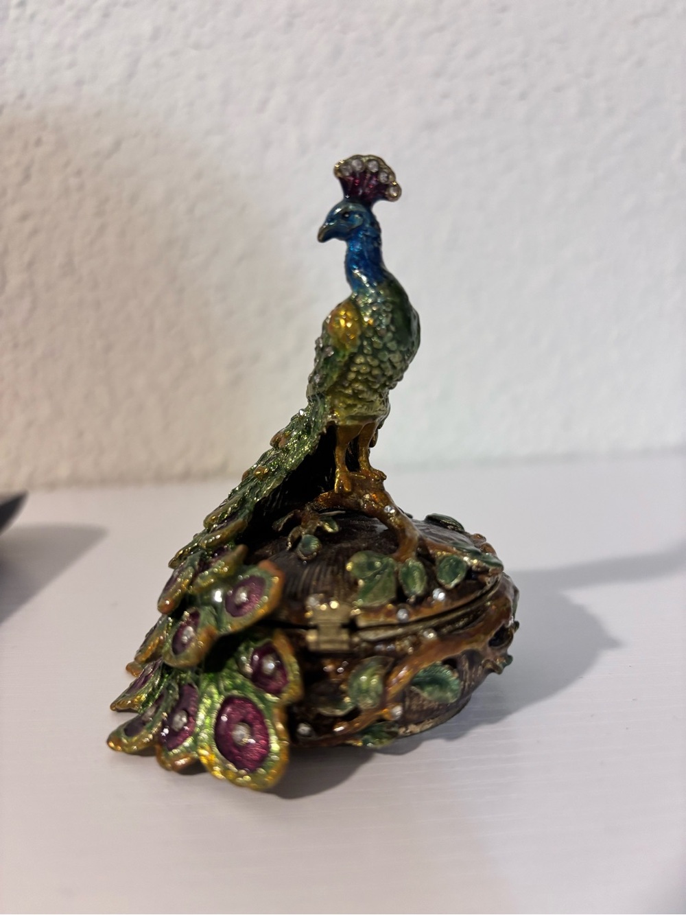 Enamel Peacock Trinket Box in Green, Blue & Purple